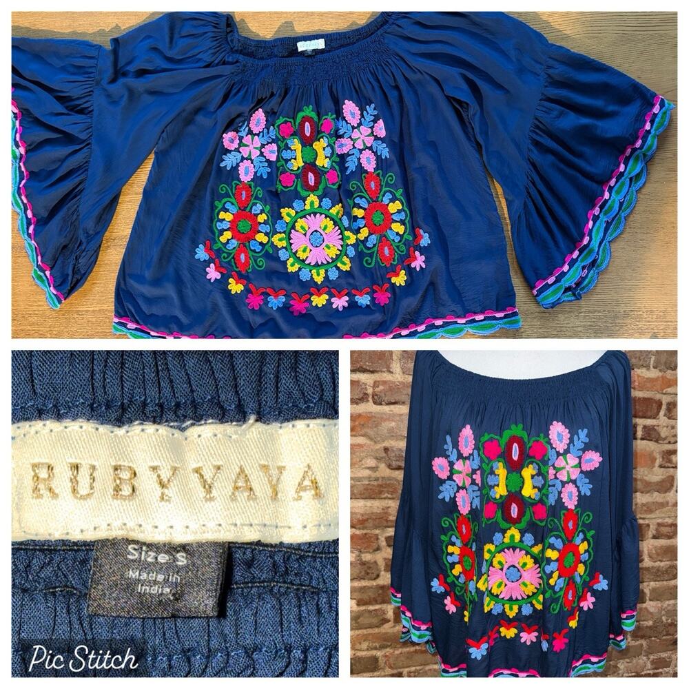 Ruby Yaya Womens S Oversized Off The Shoulder Heavy Embroidered Peasant Blouse